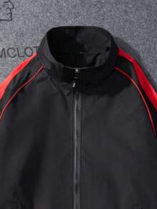 Men's Casual Fashionable Loose Fit Jacket With Side Stripe Design, Comfortable Soft Breathable Stand Collar, Spring/Autumn - Black - View 7