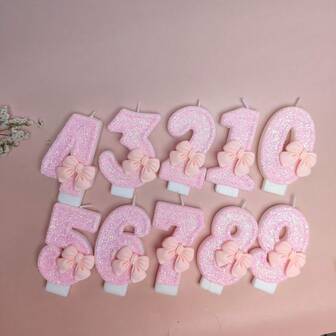 迷你粉色女孩蝴蝶结生日蛋糕蜡烛，派对装饰