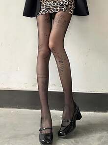 1pc Women's High Quality Faux Tattoo Unique Pattern Leggings, Patterned Tights, Transparent Thigh High Socks - Black - View 6