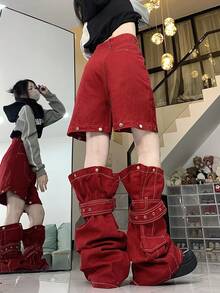 Retro Design Niche Slimming Loose Wide-Leg Women Casual Jeans - Red - View 9