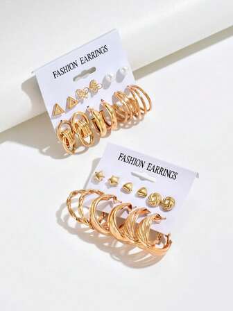 6-12件金色时尚耳环套装，时尚优雅，适合日常、派对和活动佩戴。