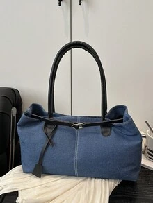 1 Túi tote vải canvas chắp vá dung tích lớn màu xanh dương dành cho nữ - Màu xanh lam - Xem 8