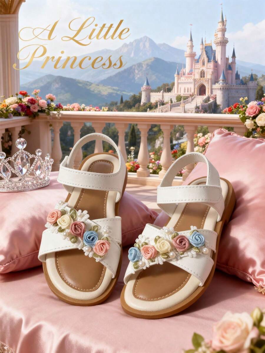 2025年必备时尚单品：一双适合3至12岁儿童的平底凉鞋。白色皮革花朵设计，方便穿脱；云朵鞋底，即使长时间行走也不会感到疲劳。这款儿童平底凉鞋适合春季郊游、户外活动、海滩、派对、返校以及城市旅行！