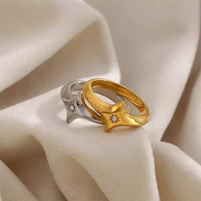 VKHK 1pc Elegant 18K Gold Plated Stainless Steel Sparkling Zirconia Star Decor Single Ring, Suitable For Women's Daily Wear, Gift