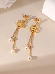 MESTILO 一对优雅花朵吊坠耳环，配长链，适合女士日常佩戴 - 金色 - 查看 2