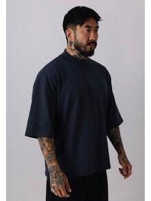 Premium High Neck Over Boxy T-Shirt - 藏蓝色 - 查看 3