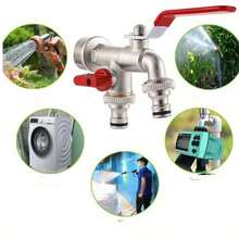 1pc Country Style Dual Outlet Garden Soft Hose Faucet, 304 Stainless Steel, Single Hole Installation, Universal Threads, Metal Outdoor Faucet With Multiple Accessories, Compatible With Sprinklers And Hose Nozzles, Garden Faucet