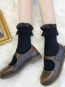 1双女士可爱图案蕾丝边日系洛丽塔中筒袜，适合日常上学、约会穿搭，甜美风格，适合拍照 - 彩色 - 查看 7