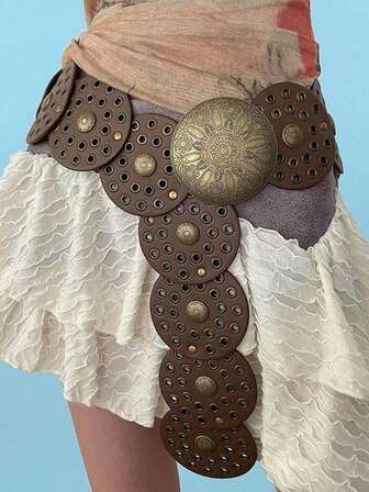 1件装女士西部风Y2K配饰腰带，牛仔竞技风格腰带，西部装饰腰带，夏季女士加厚真皮腰带，PU咖啡色西部风镂空金属孔眼圆腰带，沙滩装饰Y2K朋克波西米亚乡村风腰带，大码女款