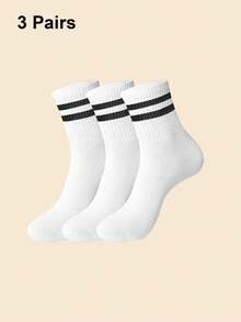 6双/套男士白色条纹中筒袜，秋季