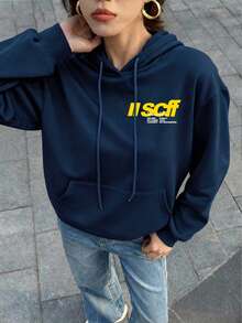 Y2K 图案可爱浅灰色女式卫衣，长袖口袋落肩休闲套头衫 - 藏蓝色 - 查看 2