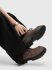 卡其色厚底德比鞋，复古英伦风男士休闲鞋，大码百搭鞋款，欧美同款，男士低帮德比鞋，低帮靴，男士复古厚底工装靴，商务休闲，学院风，随机做旧复古效果 - 棕色 - 查看 3