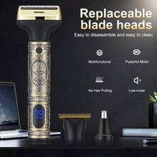 Men's Electric Shaver With Replaceable Sideburn Trimmer, Nose Hair Trimmer, Digital Display, USB Charging, Gift For Men - Bronze - View 9