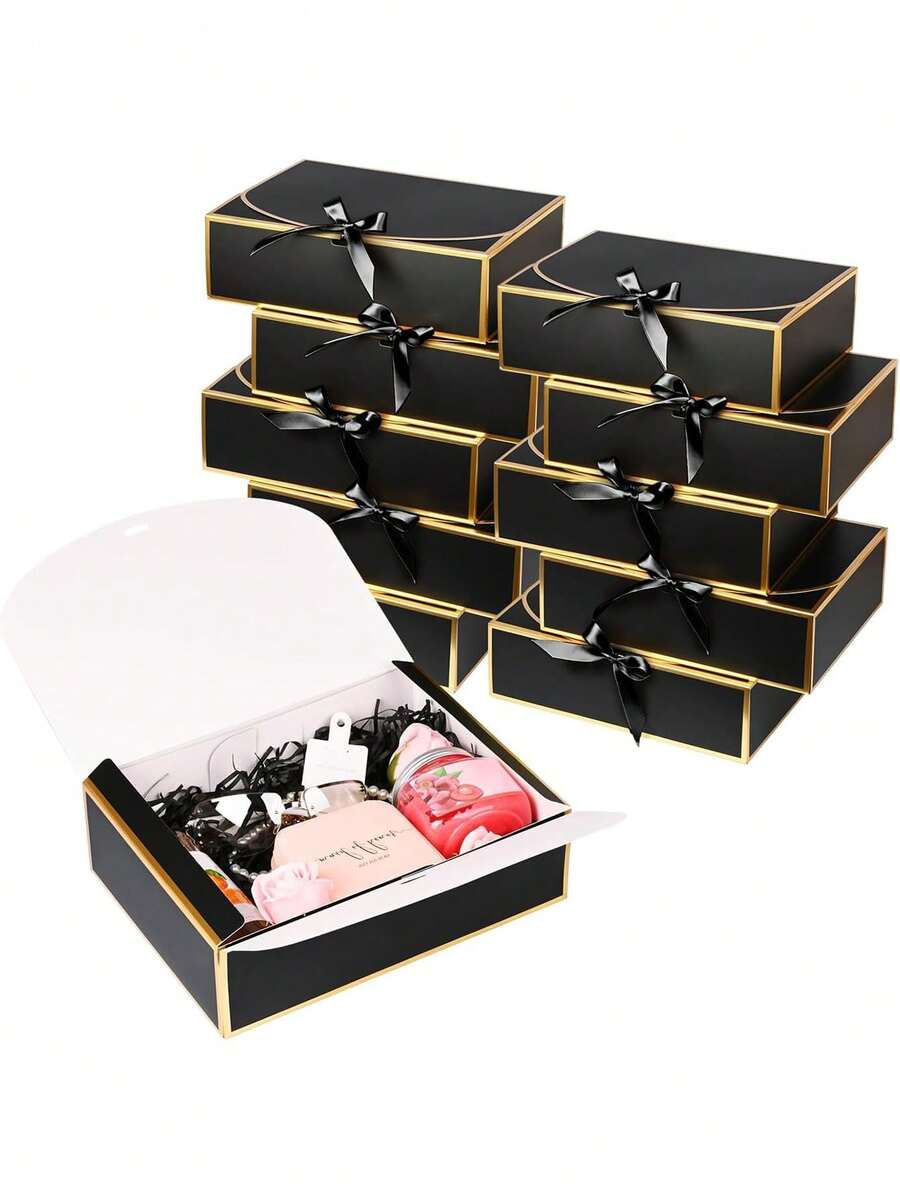 10pcs Black Edged Gift Boxes, 10.6 X 7.8 X 3.1 Inches (27 X 20 X 8 Cm) Bridesmaid Proposal Boxes With Ribbon, Covered Gift Boxes For Mother's Day, Wedding, Birthday Party, Anniversary