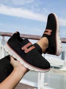Men's Loafers Mesh Sneakers, Black Plus Size Lightweight Breathable Casual Shoes, Fashionable & Comfortable Slip-On Lace-Free Shoes - Black - View 3