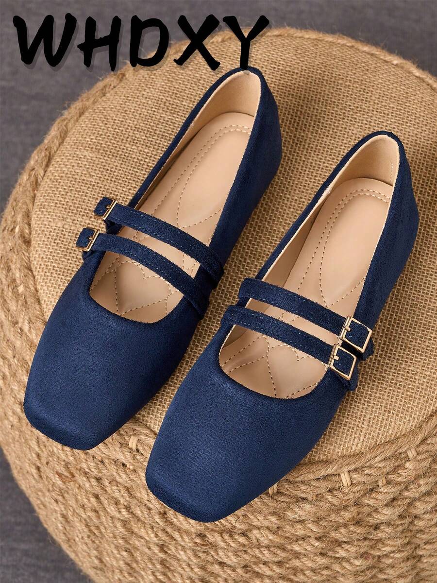 WHDXY Giày bệt mũi vuông cổ điển và đa năng dành cho nữ màu xanh navy, hoàn hảo cho cả đi làm và tụ tập