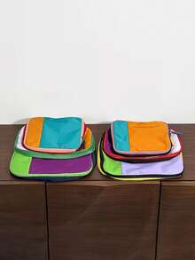 3Pcs Colorful Patchwork Packing Cubes Set Multicolor Travel Storage Bags Lightweight Nylon Luggage Rainbow Color Block Packing Cubes Set - Multicolor - View 4