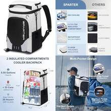 SPARTER Mochila térmica aislada a Prueba de Fugas, 33/45 latas, 2 Compartimentos aislados, Bolsa térmica portátil, Ligera, para Viajes en la Playa, Camping, Almuerzo para Hombres y Mujeres(White & Black-33 Can) - Multicolor - Ver 1