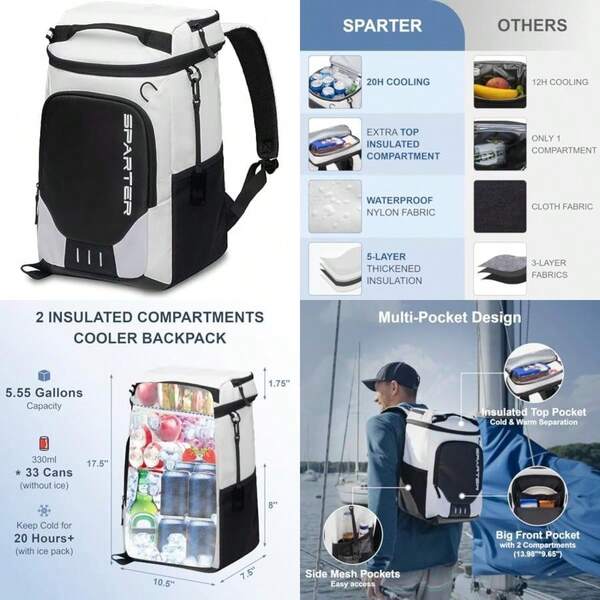 SPARTER Mochila térmica aislada a Prueba de Fugas, 33/45 latas, 2 Compartimentos aislados, Bolsa térmica portátil, Ligera, para Viajes en la Playa, Camping, Almuerzo para Hombres y Mujeres(White & Black-33 Can)