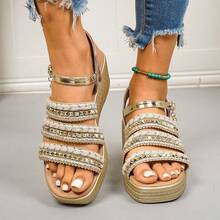 Sandalias de mujer con cuña de suela gruesa, huecas y con tira de punta abierta - Dorado - Ver 6