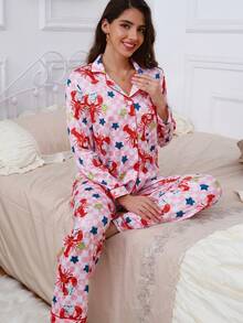 2pcs Women Lobster Print Long Sleeve Top And Pants Pajama Set, Comfortable Knit Collared Button Front Shirt With Pockets And Elastic Waist Pants, Suitable For All Seasons Casual Loungewear - Pink - View 7