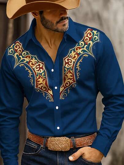 Men's Long Sleeve Shirt With 3D Floral Print, Retro Pattern, Casual Shirt