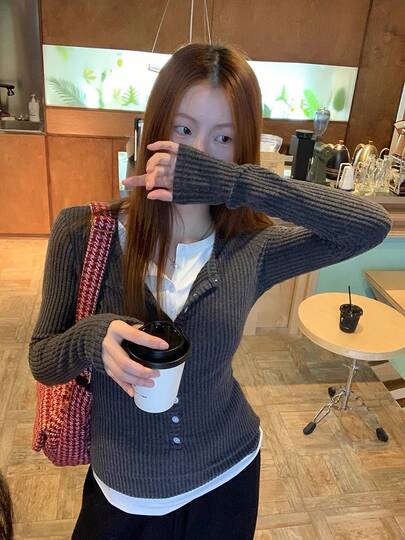 时尚女士二合一针织毛衣上衣，休闲春季款