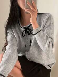 Contrast Color Tie Neck Single-Breasted Loose Knit Cardigan - Grey - View 7