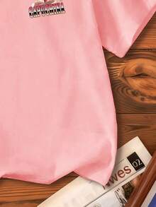 女童卡通字母印花圆领短袖休闲T恤 - 粉色 - 查看 5