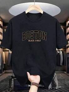 Una camiseta de manga corta holgada para hombre, con estampado de letras de Boston, adecuada para vacaciones, trabajo y uso diario. - Negro 3 - Ver 5