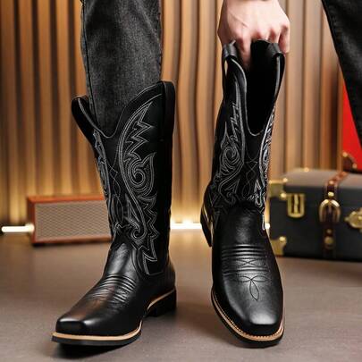 Botas vaqueras marrones bordadas con estilo retro, botas altas geniales y de hombre, botas largas de invierno para hombre, botas de cuello alto de cuero, zapatos de cuero para hombre, botas de trabajo, zapatos de cuero con suela de goma blanda para hombre