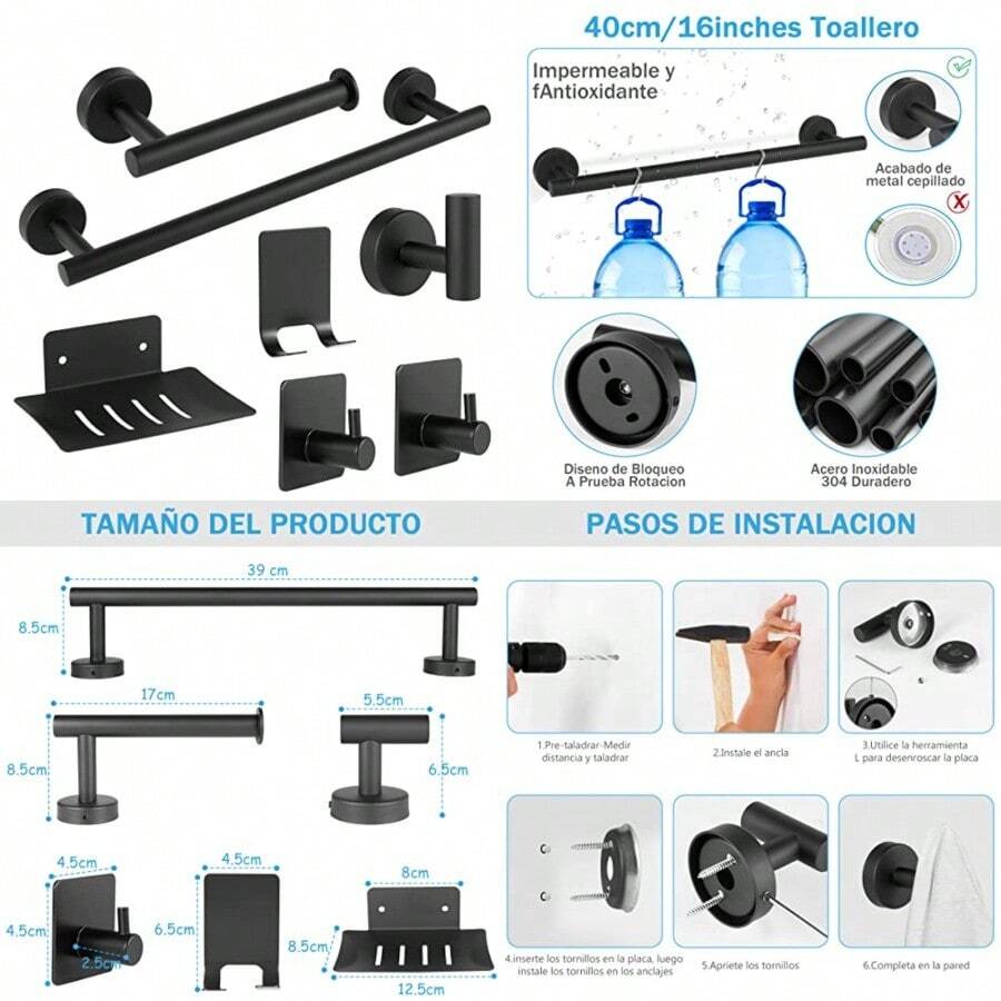NewTECHVIDA Conjunto de Toallero de Baño de 7 Piezas Acero Inoxidable 304 de Calidad Espesada Accesorios para Mueble o Colgador de Pared Decoración - Cepillado - Ver 1