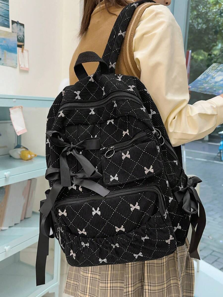 Large Capacity Women's Backpack, Minimalist Bow Design, Versatile And Fashionable Compact Casual Corduroy Mommy Bag, Suitable For Students, Back To School