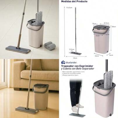 Bluelander Trapeador con Exprimidor y Cubeta con Bote Separador, Fregona de Microfibra 360° para Polvo, Líquidos y Suciedad, Secado y Lavado en el Mismo Balde, Fácil de Usar(default)