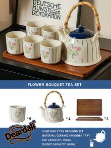 DearDali Original Striped Floral Ceramic Tea Set, Minimalist French Style With Bamboo & Wood Handle Teapot, Household Tea Set For Entertaining Guests Or Personal Use, Living Room Decor Teapot & Cups, Ideal For Tea Lovers