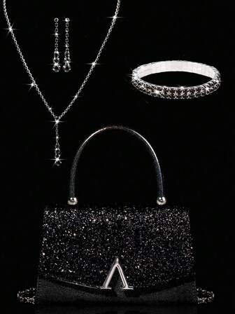 闪亮亮片晚宴包手提包，奢华A字型派对包宴会包，优雅新款女士婚礼包，女士舞会手拿包，搭配闪亮水钻吊坠首饰套装（含项链、耳环和手链），完美适用于派对、舞会、盛大晚宴和聚会。