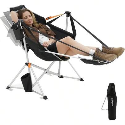 Hammock Chair With Footrest Swinging Portable Folding Camping Chairs For Adults MAX 440lbs Heavy Duty Foldable Oversized Rocker With Cup Holder Pillow For Outdoor Beach Patio Sport Lawn