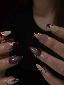 Bộ 24 móng tay giả kiểu Y2K, móng acrylic màu trắng hình hạnh nhân, kiểu Pháp, họa tiết ngôi sao màu đỏ tía, bao gồm 1 gel dán và 1 dũa móng, thích hợp cho mùa thu/đông, trang trí móng tay cho phụ nữ và bé gái. - Nhiều màu - Xem 2