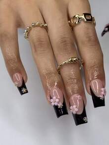 10 miếng dán móng tay hình hoa hồng 3D mini, hình vuông, chiều dài trung bình, kiểu Pháp tối giản màu đen, phong cách Y2K dễ thương, thích hợp sử dụng hàng ngày, móng giả dán, dụng cụ làm móng thủ công. - Nhiều màu - Xem 2