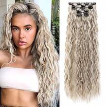 Clip In Hair Extensions, 6PCS Curly 24inch Long Synthetic Clip On Hairpiece For Women Ash Brown With Blonde Highlights,AshBrownwithBlondeHighlights-Wavy - AshBrownwithBlondeHighlights-Wavy - Xem 1