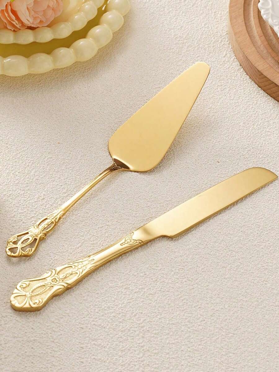2pcs Vintage Royal Cake Serving Set, Elegant Stainless Steel Cake Knife And Cake Server, Polished Mirror Finish, Suitable For Dishwashing, Chrome Alloy, Tableware, Applicable For Wedding Decor, Halloween Decor, School Supplies, Bachelor Party, Kitchen Utensils, Kitchen Accessories, Party Supplies, Travel Set, Gifts, Birthday Party, Graduation, Cooking Utensil Set - Multicolor - View 1