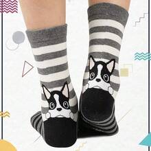 5 Pares Calcetines Mujer Divertidos Calcetas Deportivas para Mujer con un Adorable y Divertido Estampado de Animalitos Calcetines de Media Pantorrilla Suaves y Transpirable. - Perroa Rayas - Ver 6