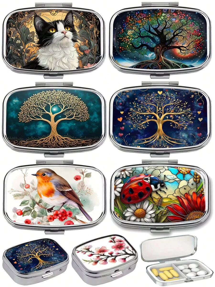 Caja redonda de píldoras con diseño vintage de árbol, floral, gato y colibrí - Organizador de píldoras de metal con 3 compartimentos y diseño de nota musical, conveniente para viajes, oficina o regalo, adecuado para bolso