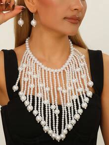 1pc Long Tassel & Faux Pearl Beaded Necklace Set For Women - Tassel Style - View 13