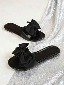 Dép xăng đan đế bằng cho nữ, mũi tròn, màu đen, kiểu nơ, đa năng, thời trang thường ngày, phù hợp với váy, hoạt động ngoài trời, đi biển, dép hở mũi, trang phục mùa xuân hè. - màu đen - Xem 3