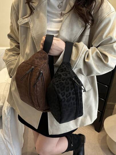 1个大容量豹纹单肩包，时尚斜挎胸包，简约ins风小号邮差包，运动腰包