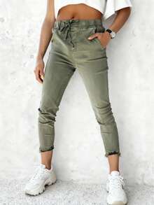 女用寬鬆抽繩褲 牛仔褲 日常 帶高彈性 附口袋 Women Pants, MOM FIT COLORS PANTS , Women Boyfriend Pant, women jeans women pant with heart buttons Drawstring Stretch Patched Elastic Demin Vintage Jeans, Afrifriend Pockets Casual with Denets Casual Vinimants Autum for Boyendn for Boys, Boyfriend Pockets Casualer - 橄欖綠 - 查看 3