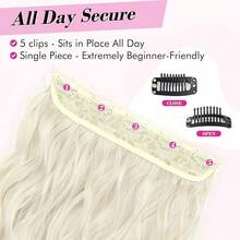 Blonde Hair Extensions, 20" One Piece Clip In Hair Extensions Thick Long Beach Wavy Natural Soft Synthetic Hairpieces For Women, Platinum Blonde,PlatinumBlonde-Wavy - 白金色波浪捲髮 - 查看 4