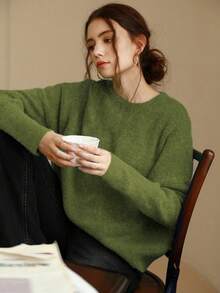 Knit Mix Elegant Women's Knit French Commuter Sweater, Casual Loose Long Sleeve Crew Neck Pullover, Suitable For Autumn/Winter, Christmas, Thanksgiving, New Year, Valentine's Day And Other Holidays, Ideal For Back To School Season And Fall Women's Wear