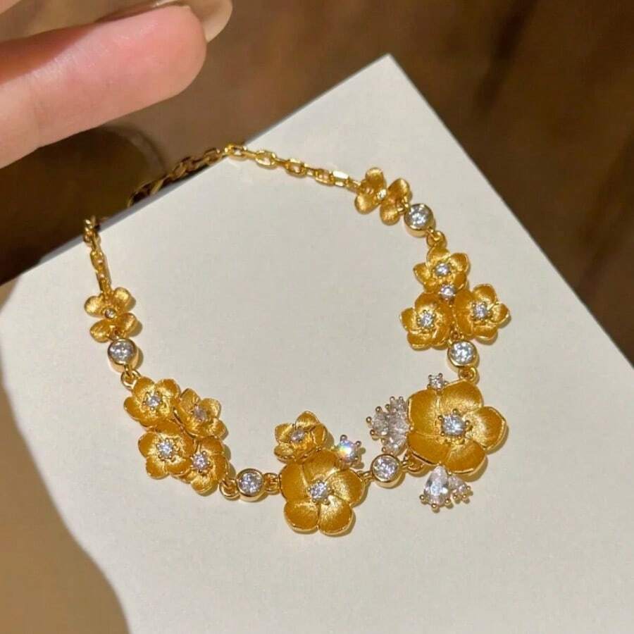 18K镀金奢华优雅复古锆石女士手链 - 金色 - 查看 1